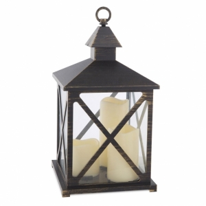 Large Black 3 LED Candle Lantern with Gold Brushing: 12.5 Inch With Timer