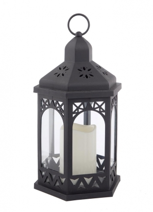 Black Gazebo Style Outdoor Candle Lantern 12 Inch with 8 Hour Timer