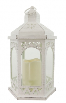 Antique White Gazebo Style Outdoor Candle Lantern 12 Inch with 8 Hour Timer