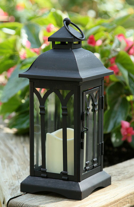 Flameless 12 Inch Black Metal Candle Lantern - 6 Hour Timer