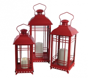 Red Metal and Glass Candle Lanterns Set of 3